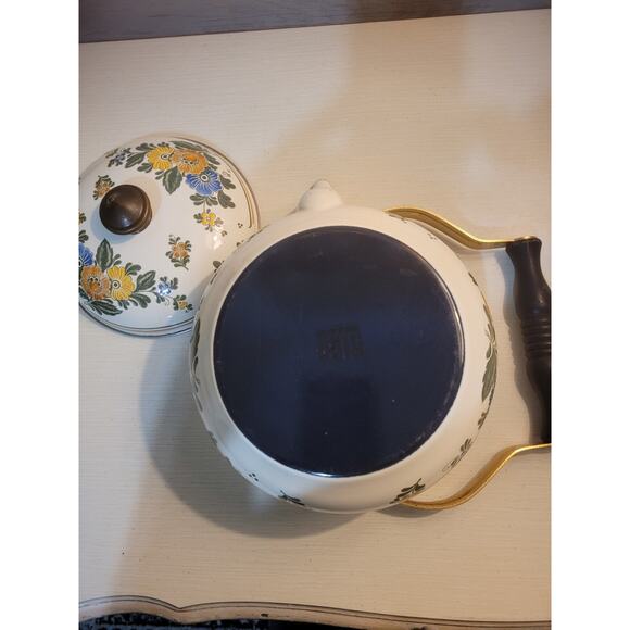 VTG 1960’s ASTA Enamelware Tea Kettle Teapot Brass Handles Floral West Germany - Picture 10 of 11